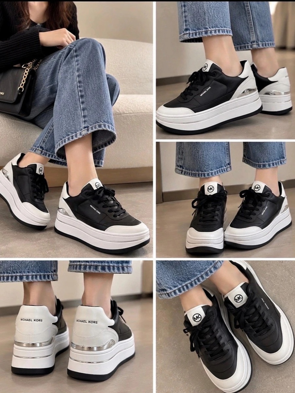 Michael Kors Allie Stride Leather Trainer Black & White Platform Sneakers